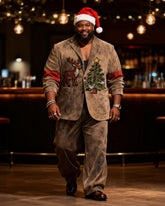 Big & Tall Men's Christmas Vintage Elk And Christmas Tree Print Suit